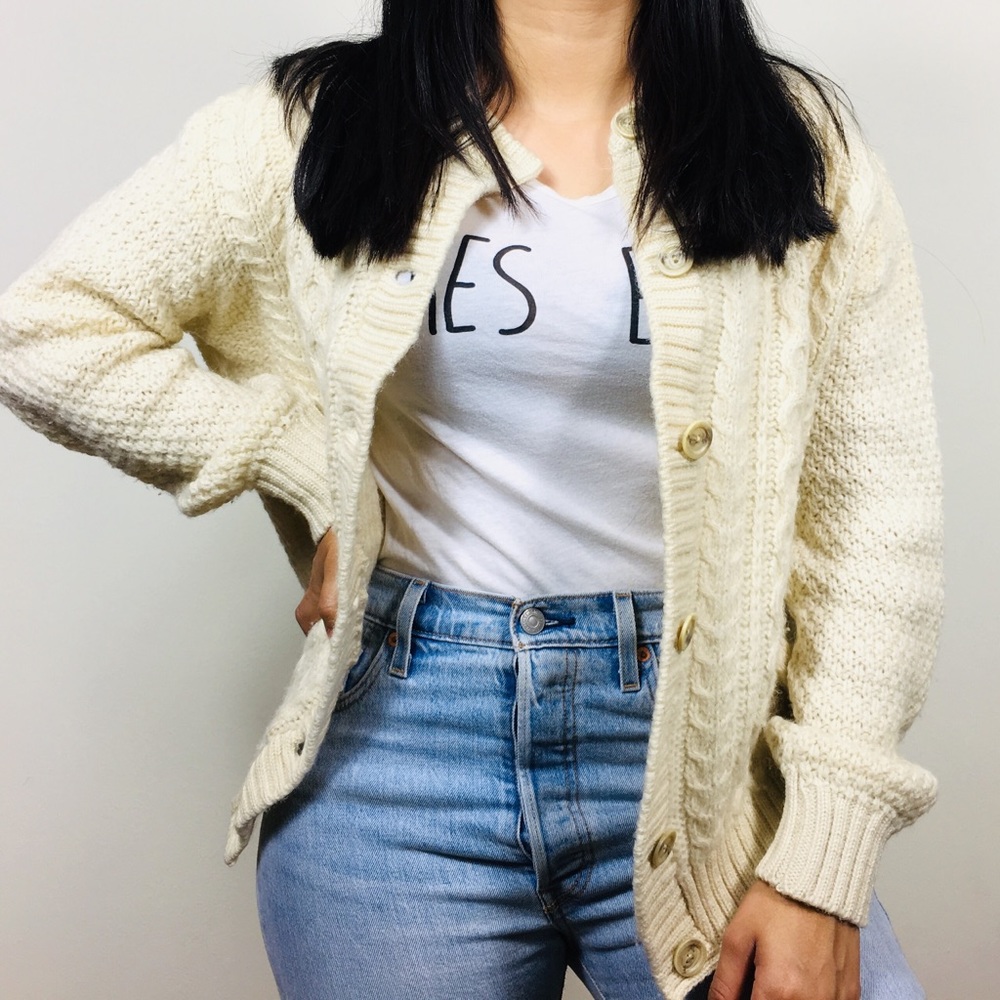 Vintage | Wool Chunky Cable Knit Cardigan Sweater